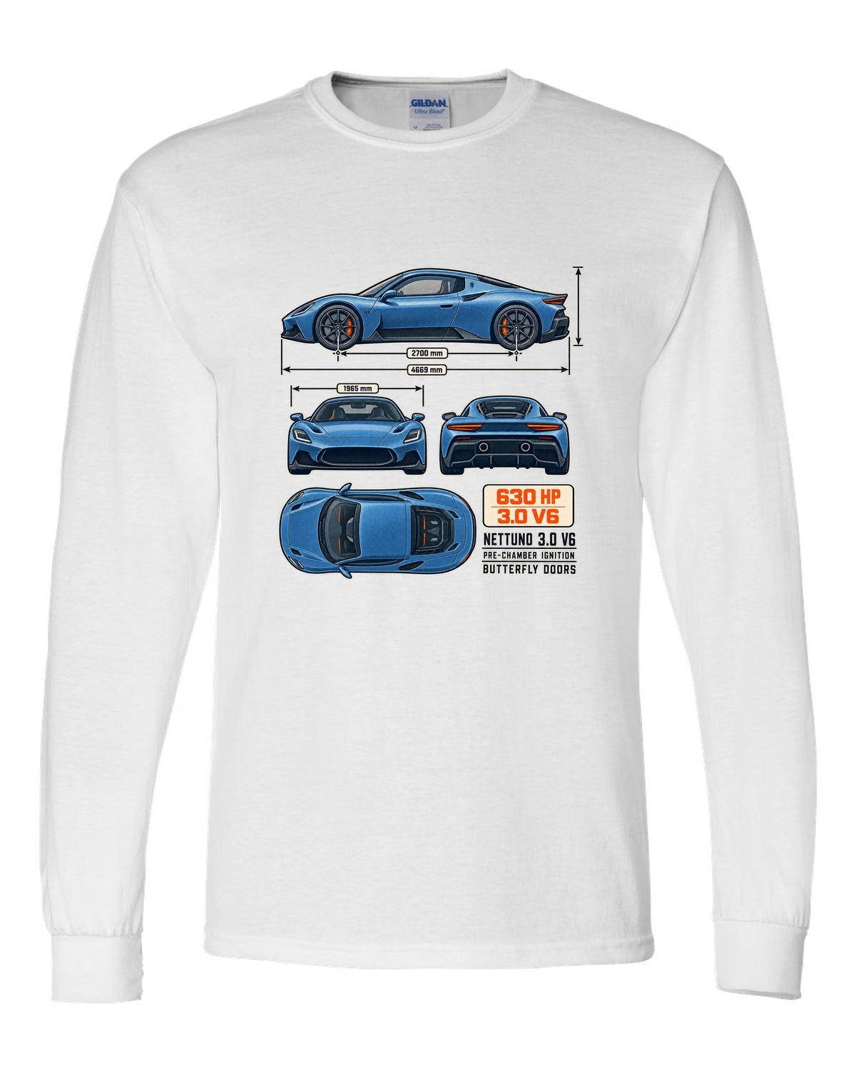 Maserati MC20 dimension blueprint print on a shirt white long sleeve front view with the design