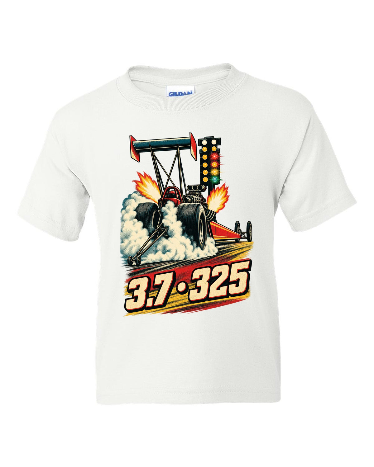Retro poster style Top Fuel dragster doing a burnout with halftone smoke and 3.7 325 lettering white kids tee front view with the design
