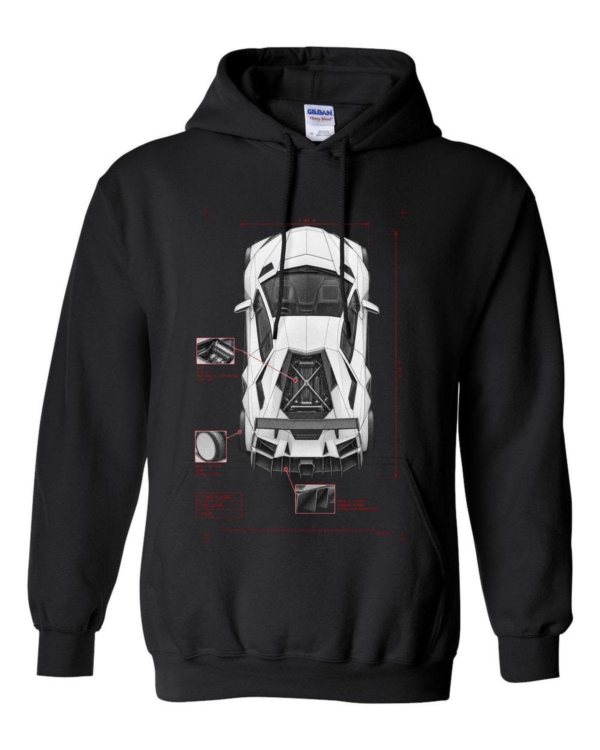 Lamborghini Aventador S LP740-4 spec poster print reading 2.03 M wide, one lane, 2016 black pull over hoodie front view with the design