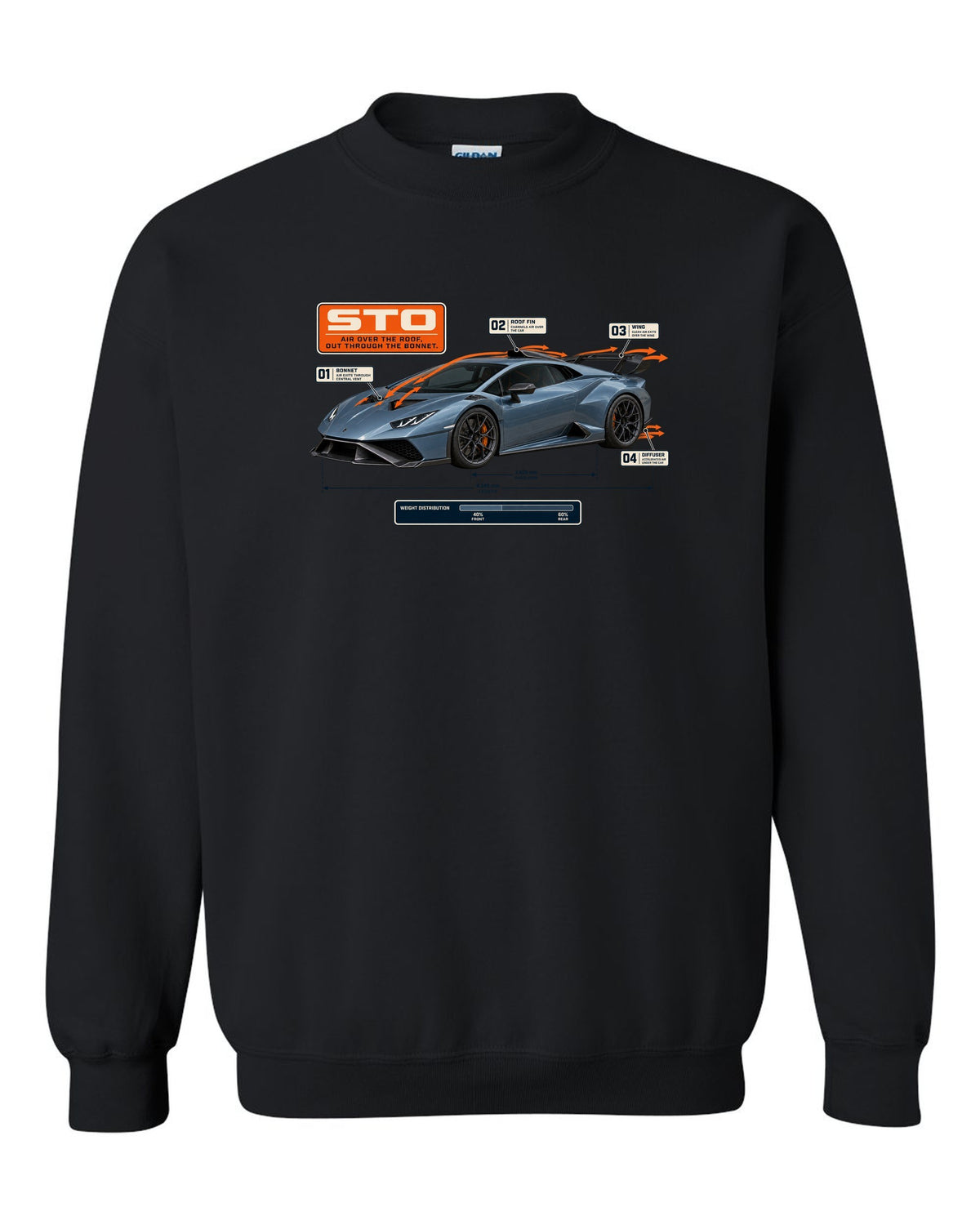 Aero callout print of the Lamborghini Huracan STO showing airflow black crewneck front view with the design