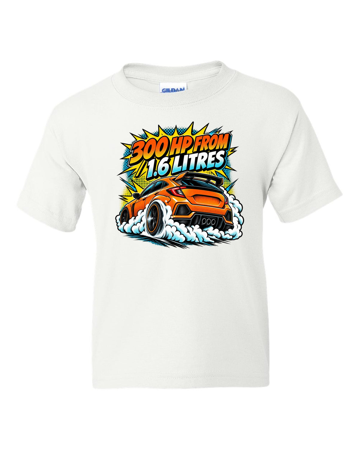 Comic halftone pop-art of a Toyota GR Corolla doing a burnout with 300 HP from 1.6 litres lettering white kids tee front view with the design