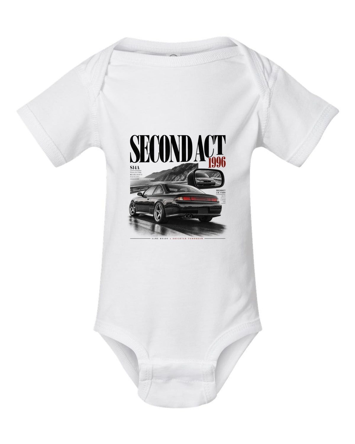 Editorial headline layout of a Nissan Silvia S14 kouki with Second Act, 1996 and projector headlights lettering white baby onesie front view with the design