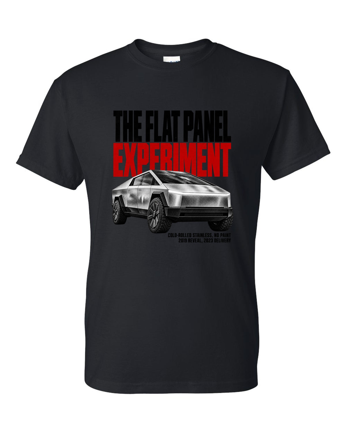 Halftone print of a 2023-24 Tesla Cybertruck with cold-rolled stainless text black t-shirt front view with the design