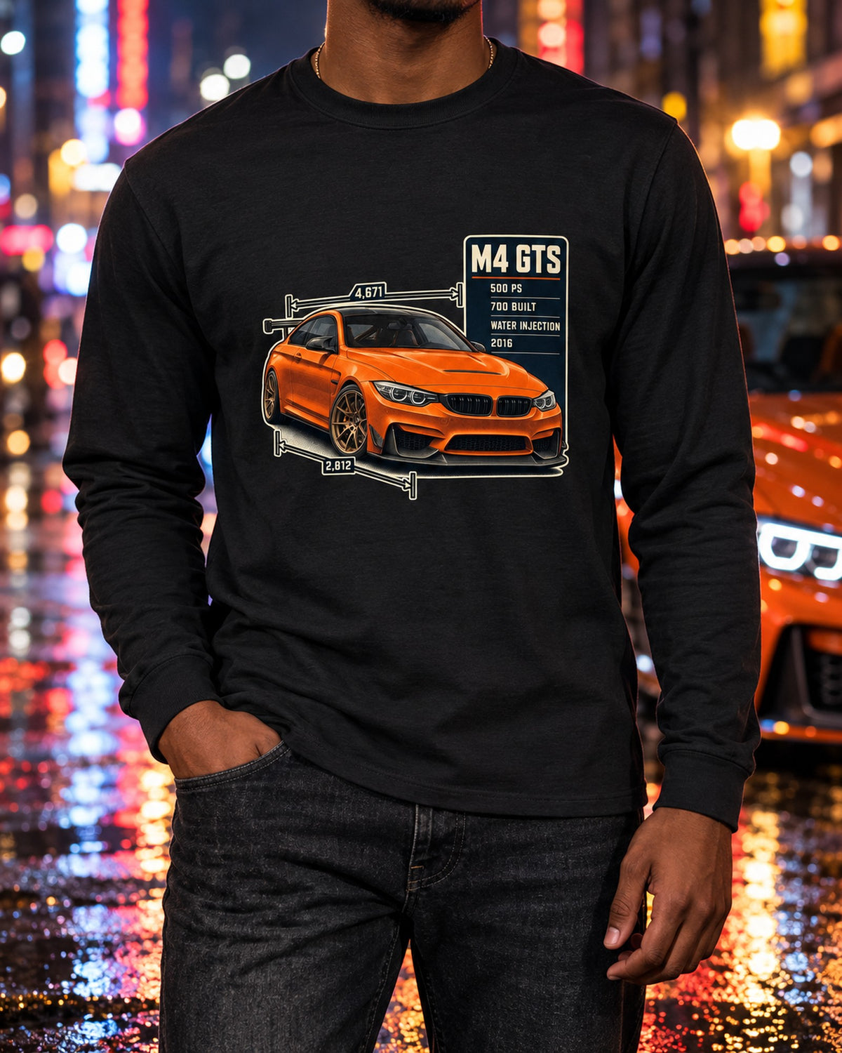 BMW M4 GTS F82 Spec Poster Shirt, 700 Built Long Sleeve Black worn hero
