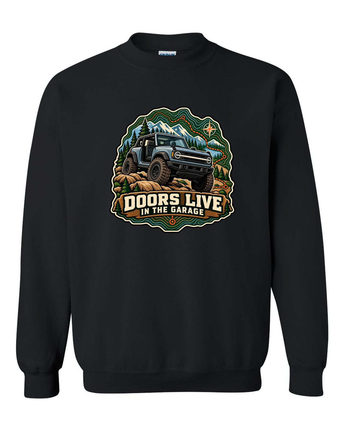 Ford Bronco U725 two-door on a topographic trail route map print black crewneck front view with the design