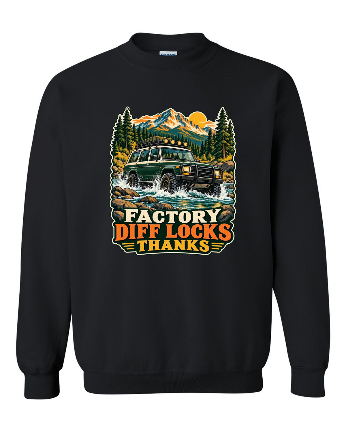 Retro national park poster of a Toyota Land Cruiser FZJ80 crossing a river with diff locks lettering black crewneck front view with the design