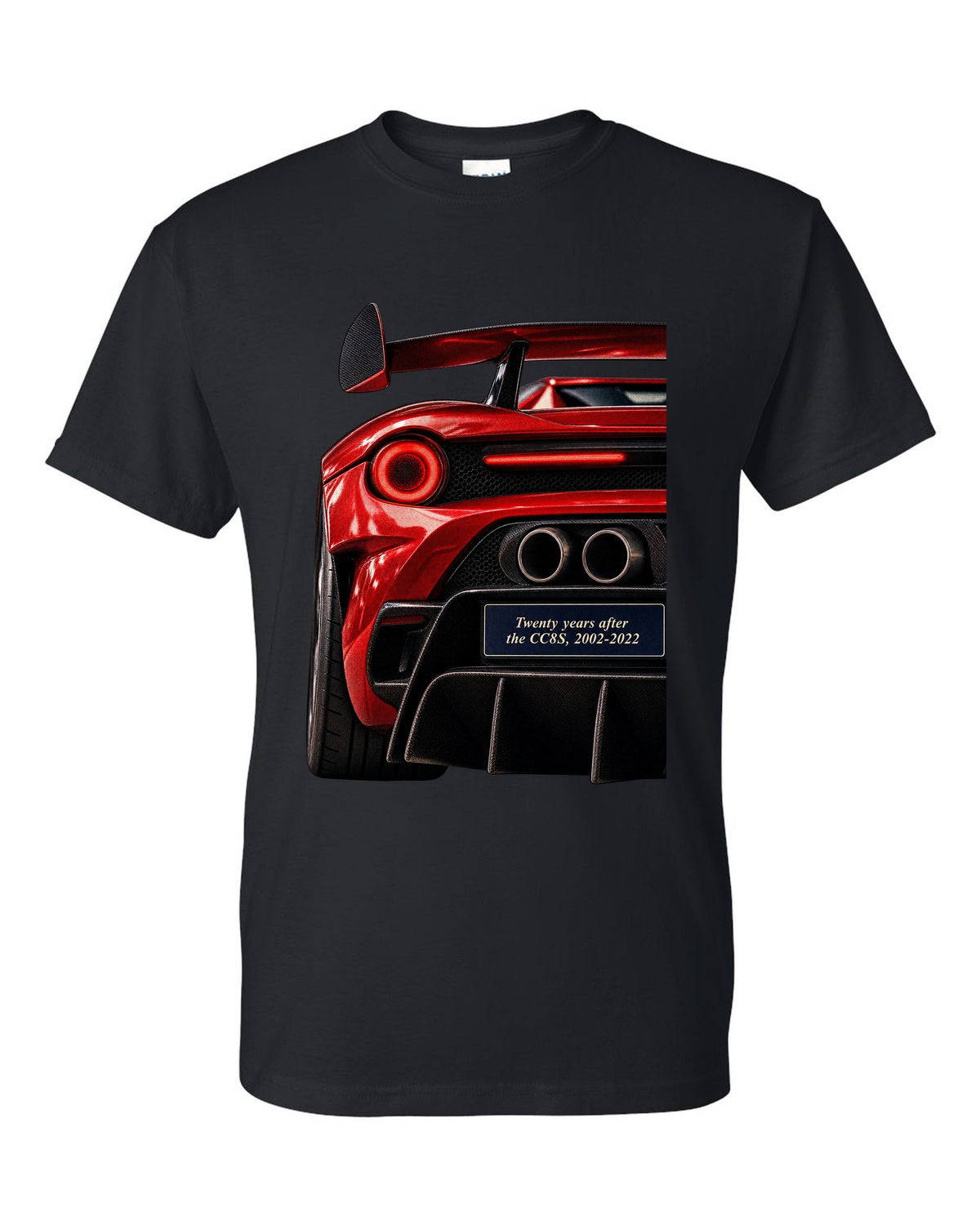 Taillight macro print of the Koenigsegg CC850 with the text twenty years after the CC8S, 2002-2022 black t-shirt front view with the design