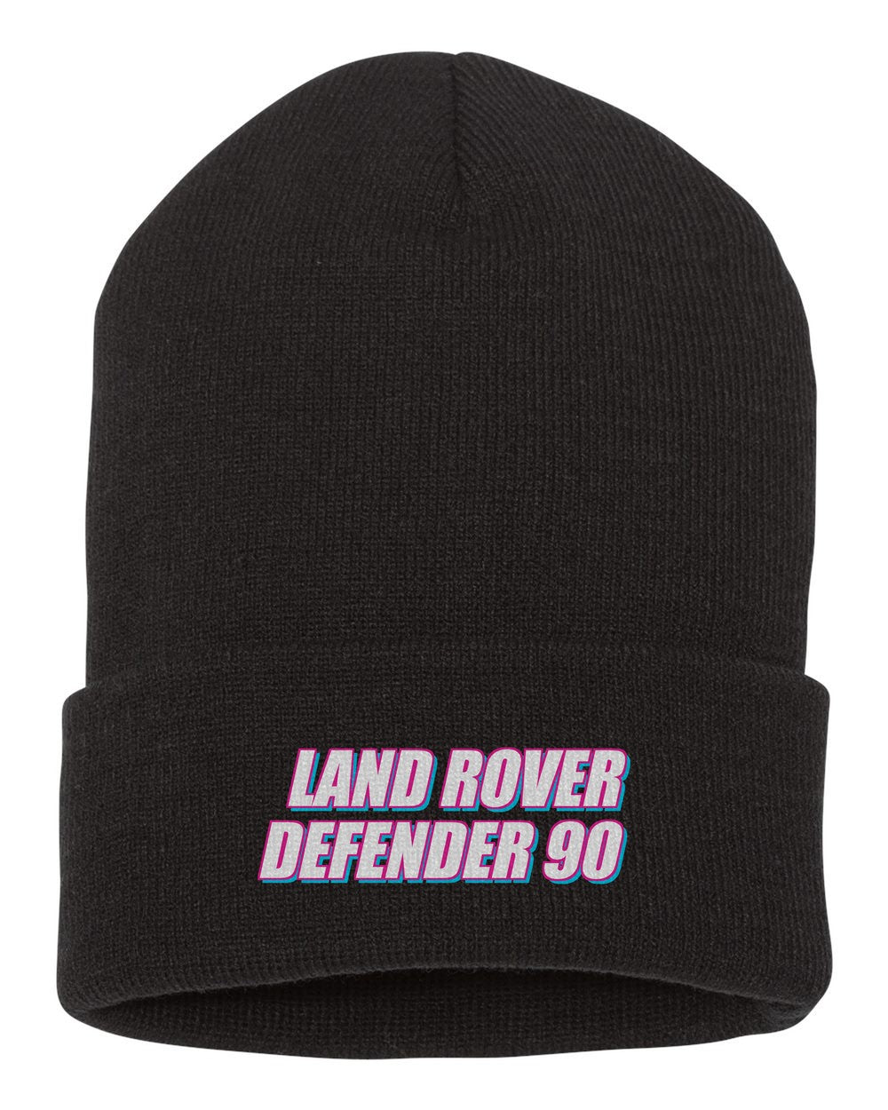 Land Rover Defender 90 black beanie front view with car name