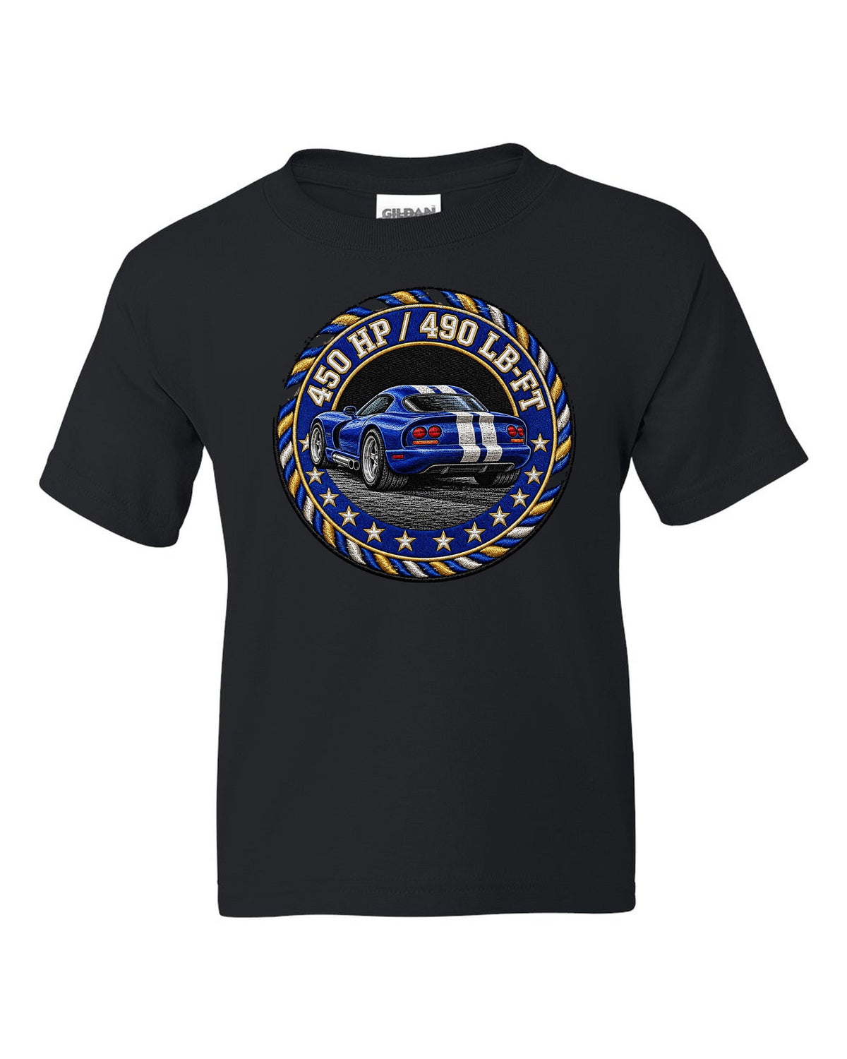 Blue embroidered varsity crest design for a 1996 Dodge Viper GTS SR II black kids tee front view with the design