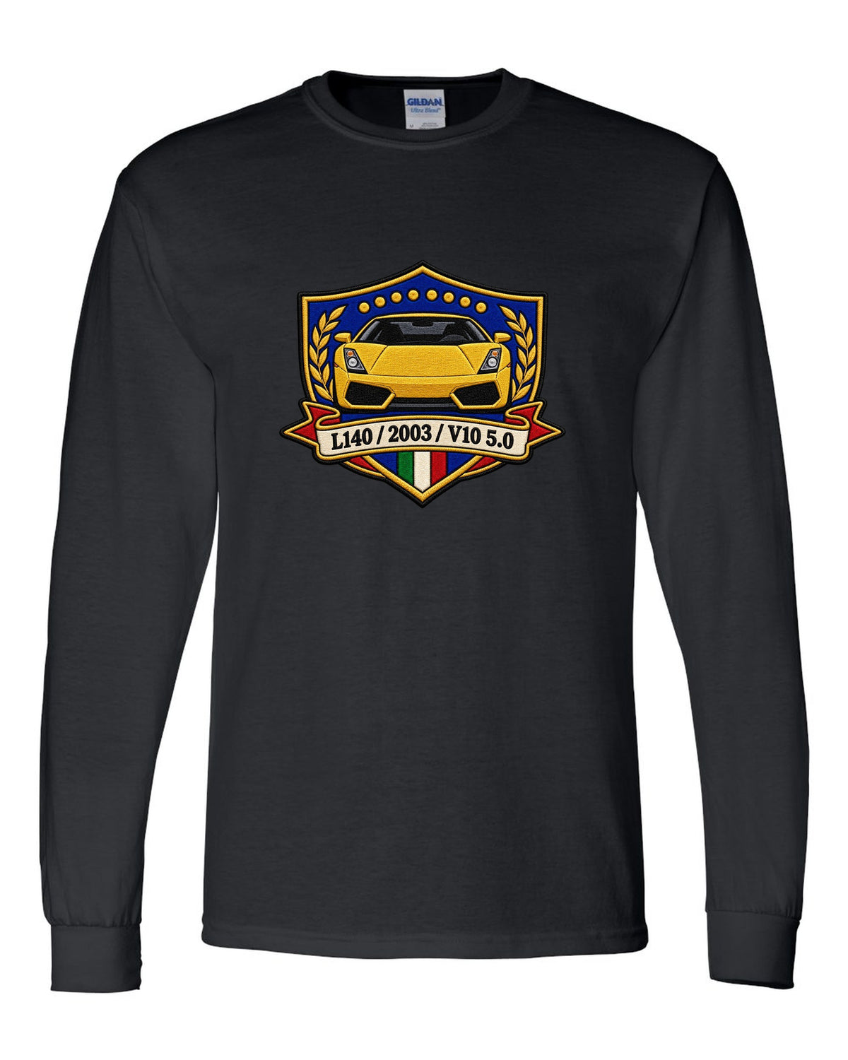 Embroidery-style crest for a 2003 Lamborghini Gallardo L140 with V10 5.0 text black long sleeve front view with the design