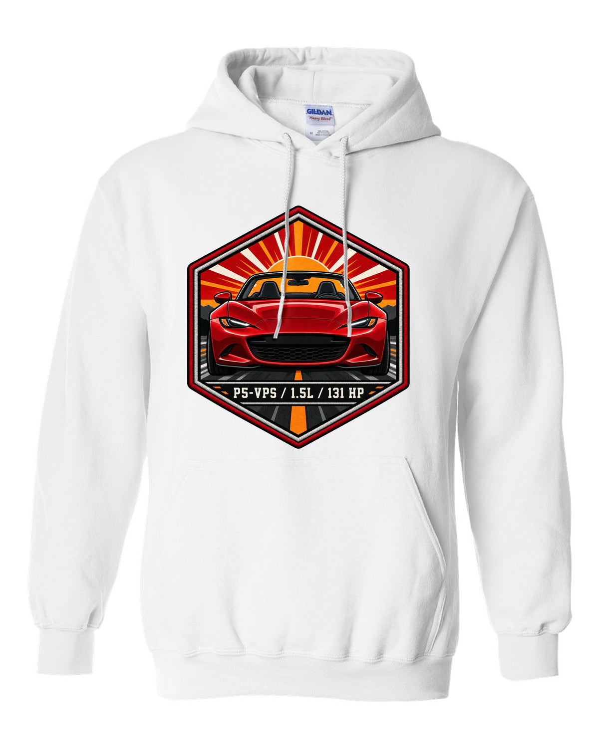 Embroidery-style hex crest of a Mazda MX-5 ND with P5-VPS 1.5L 131 HP text white pull over hoodie front view with the design