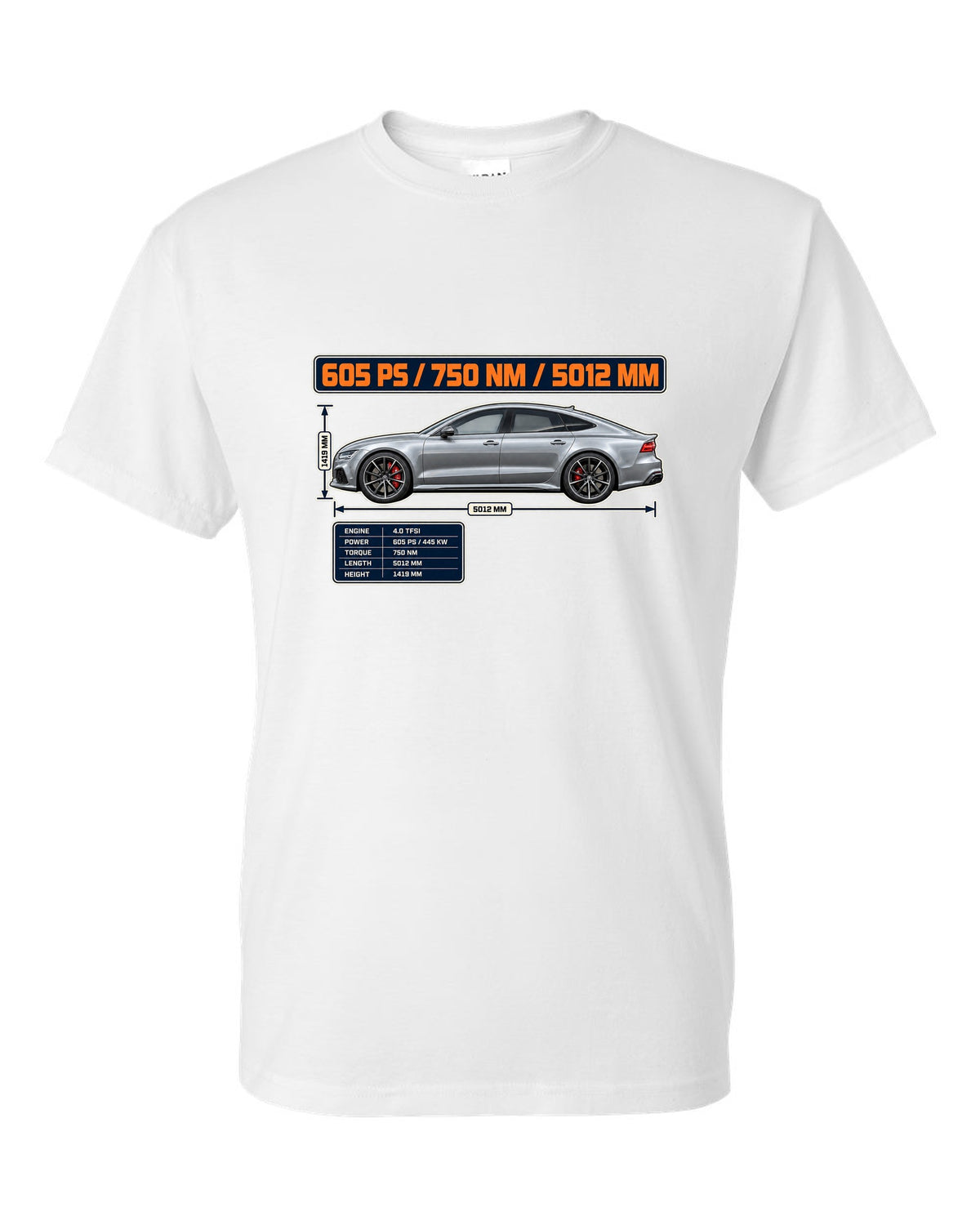 Audi RS7 Sportback performance C7 spec poster print white t-shirt front view with the design
