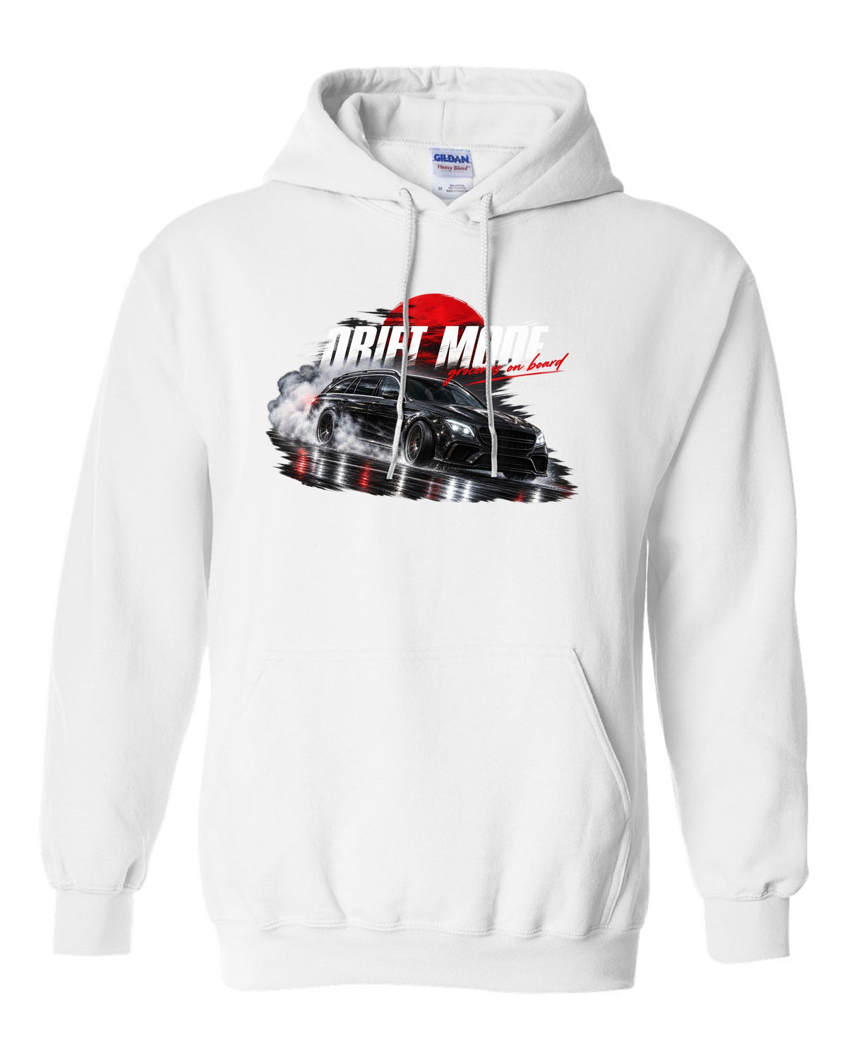 print night drift scene of a 2018 Mercedes E63 S AMG Estate S213 with text Drift Mode groceries on board white pull over hoodie front view with the design
