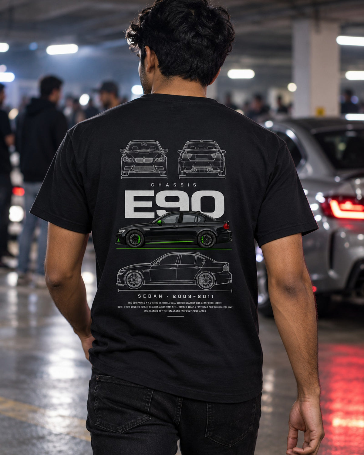 BMW E90 M3 sedan Blueprint Full-Back Graphic Tee, E90 Chassis Code T-Shirt Black worn hero