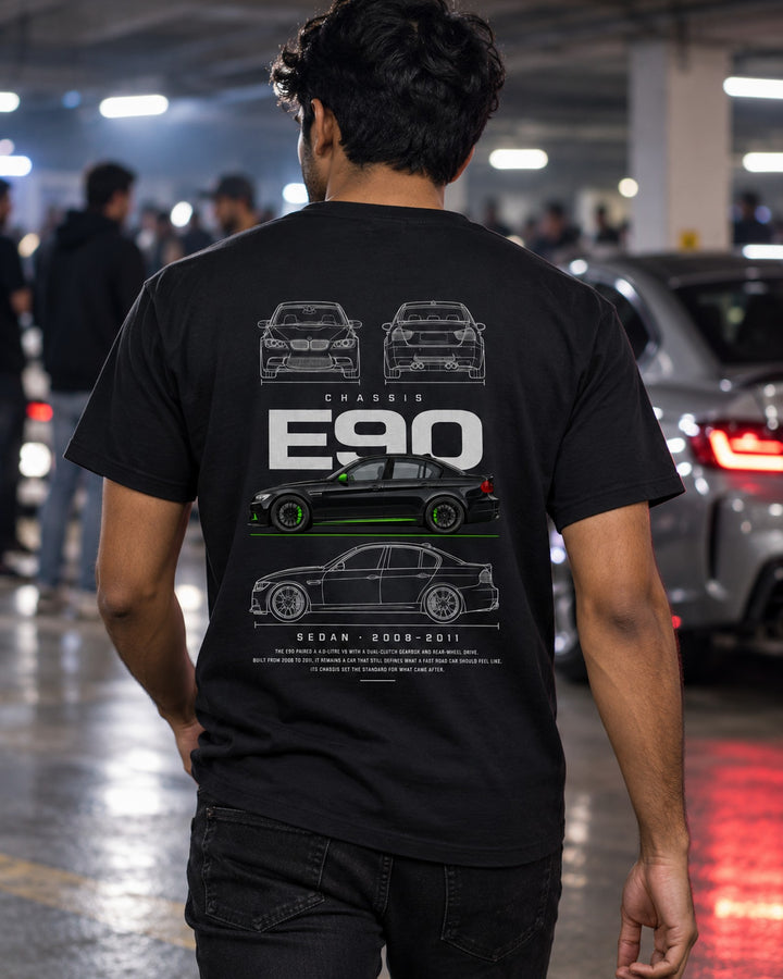 BMW E90 M3 sedan Blueprint Full-Back Graphic Tee, E90 Chassis Code T-Shirt Black worn hero