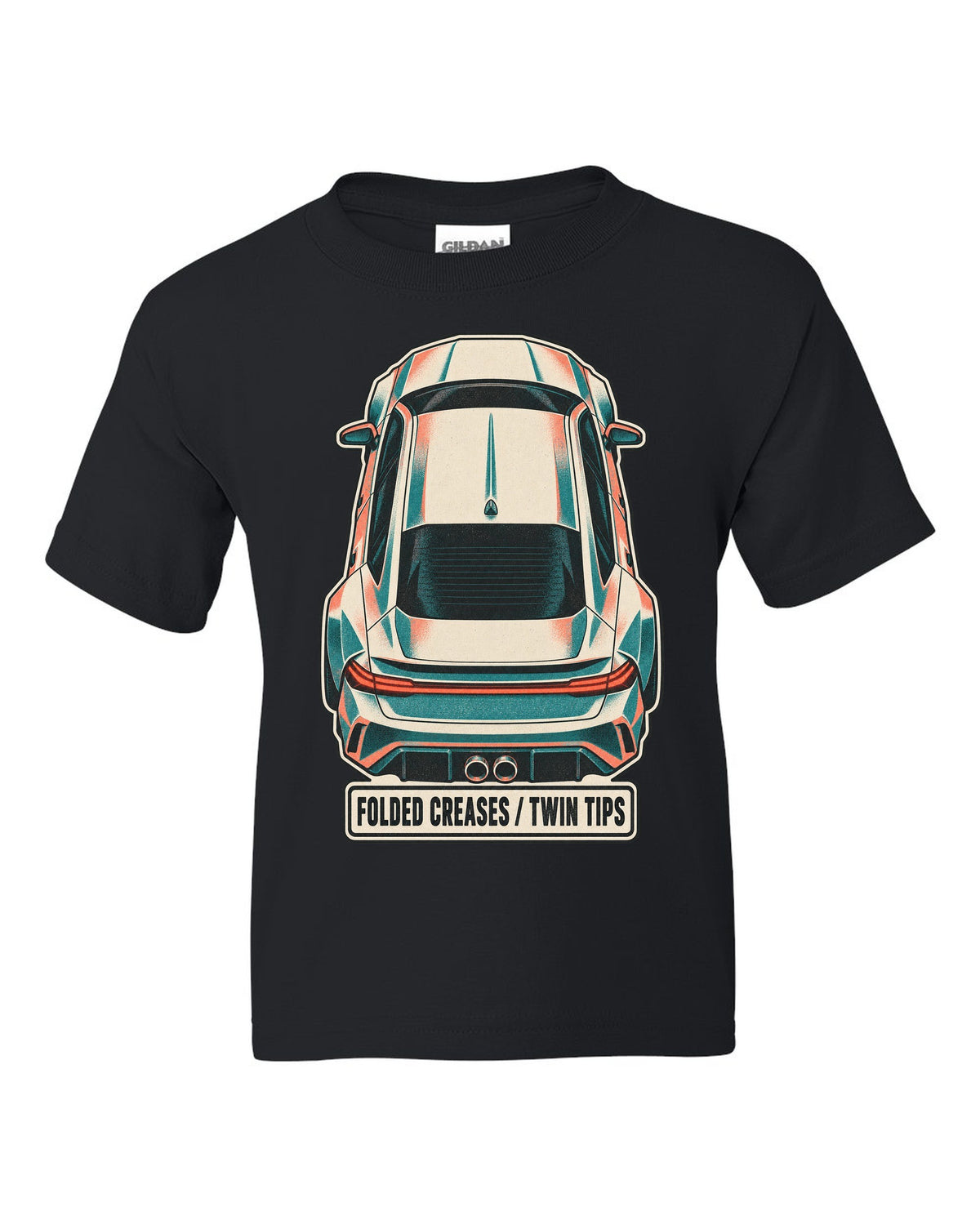 Risograph duotone top-down print of a Hyundai Elantra N CN7 with folded creases and twin tips text black kids tee front view with the design