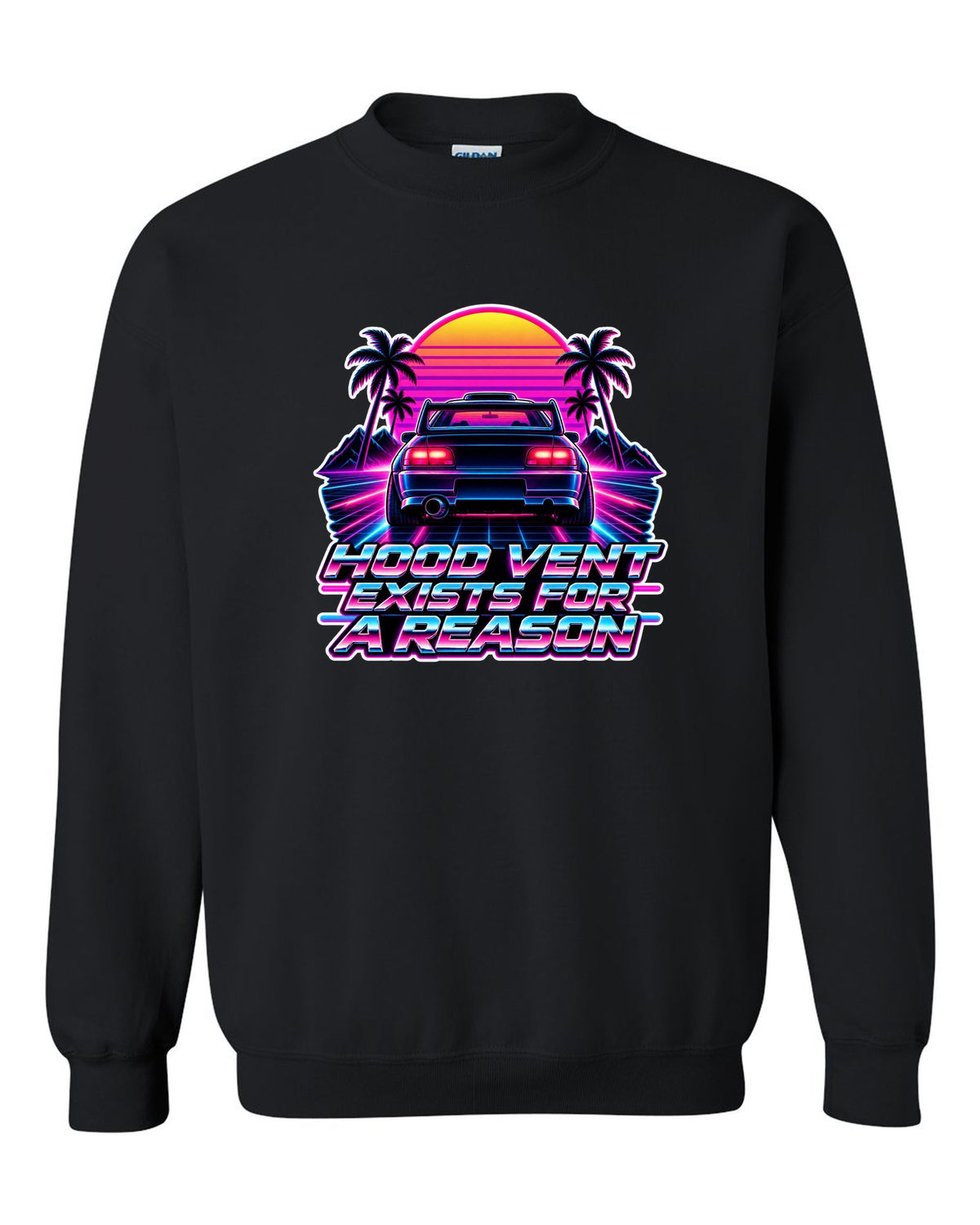 Synthwave outrun illustration of a Toyota Celica GT-Four ST205 with hood vent lettering black crewneck front view with the design