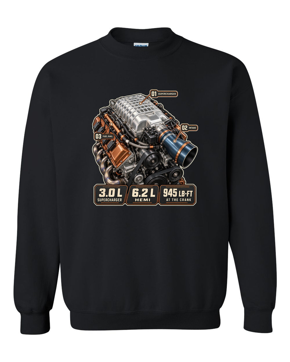 Dodge Challenger SRT Demon 170 supercharged Hemi engine hero print black crewneck front view with the design
