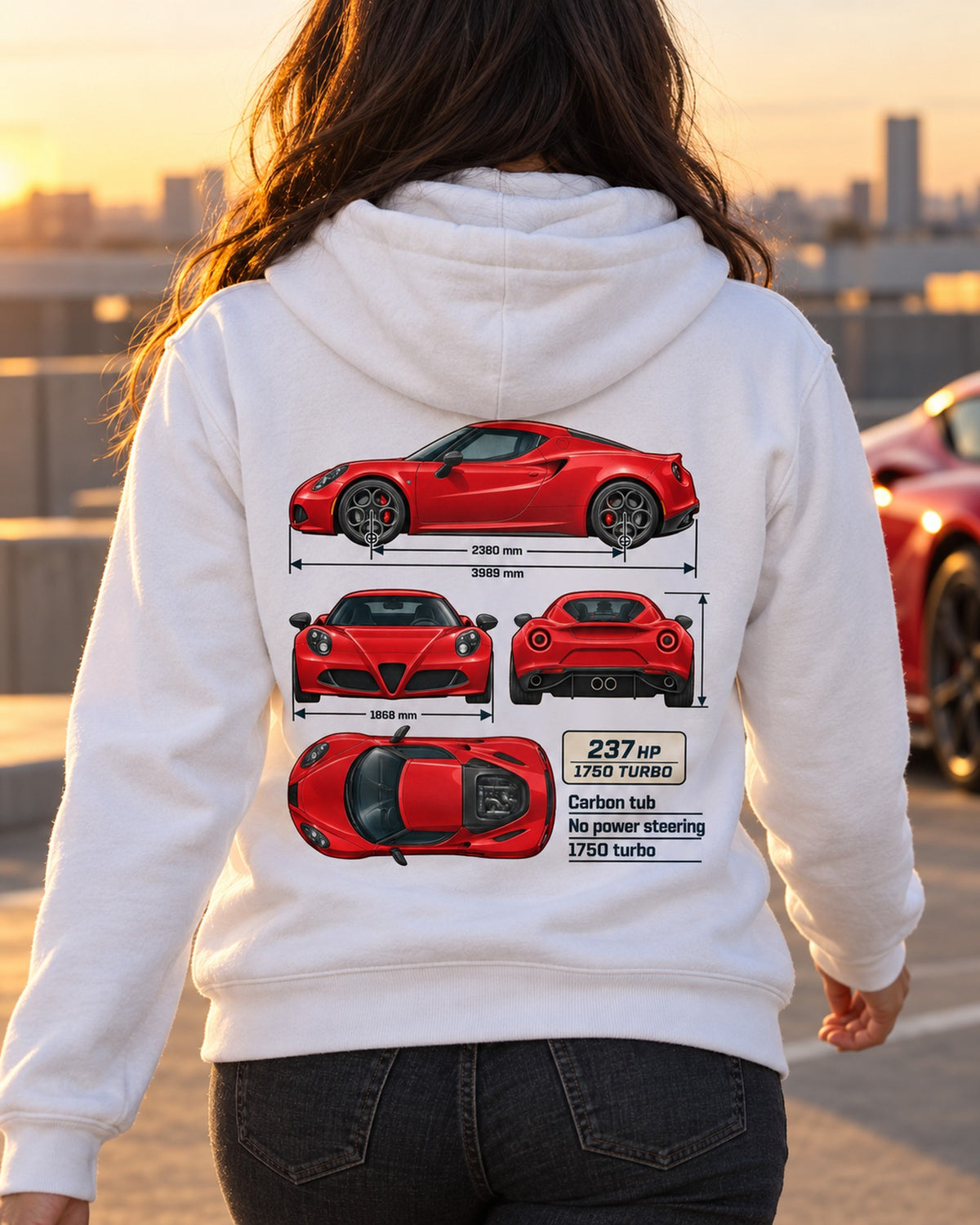 Alfa Romeo 4C Coupe Dimension Blueprint Shirt, Car Guy Gift Zip Hoodie White worn hero
