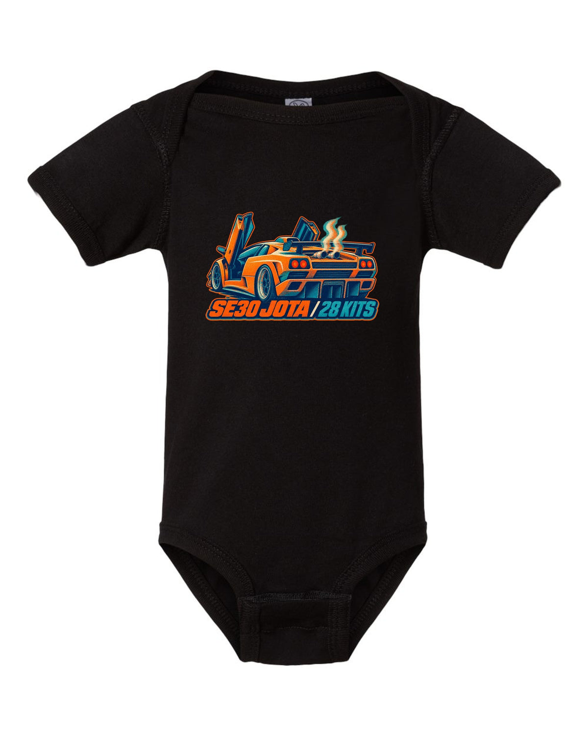 Risograph spot-colour print of a 1995 Lamborghini Diablo SE30 Jota with 28 kits lettering black baby onesie front view with the design