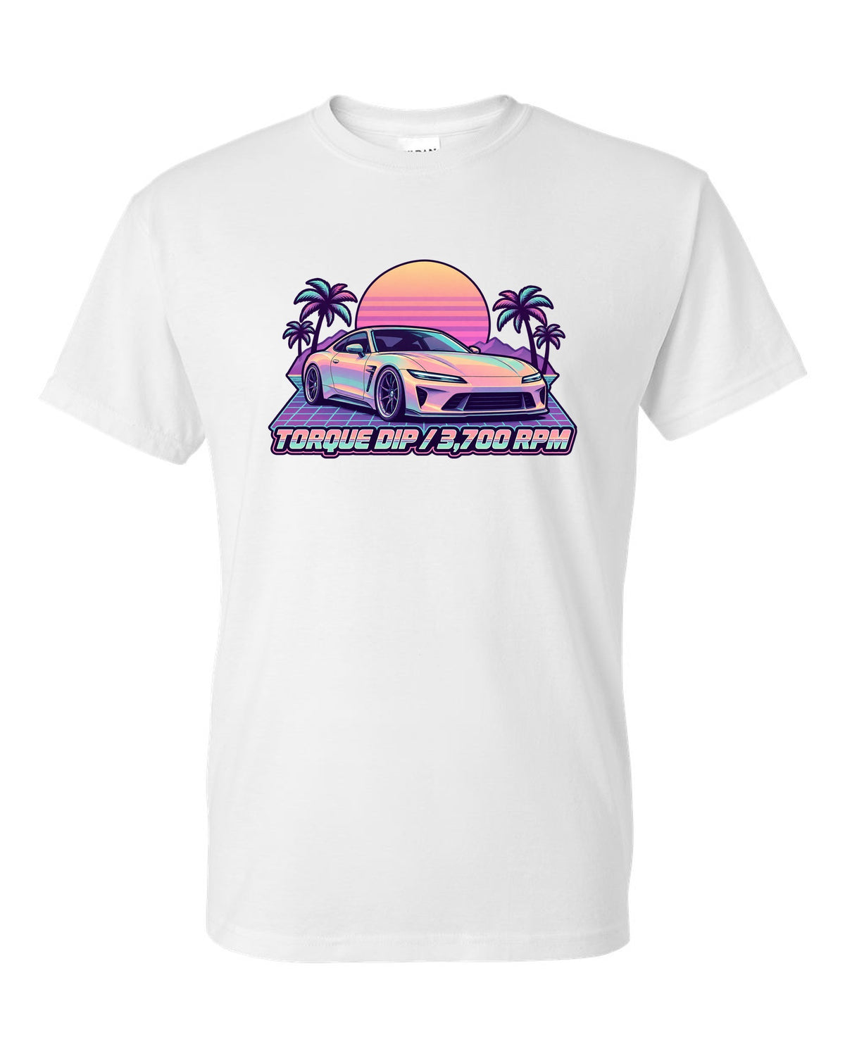 Pastel vaporwave illustration of a Toyota 86 ZN6 with Torque Dip 3,700 RPM lettering white t-shirt front view with the design