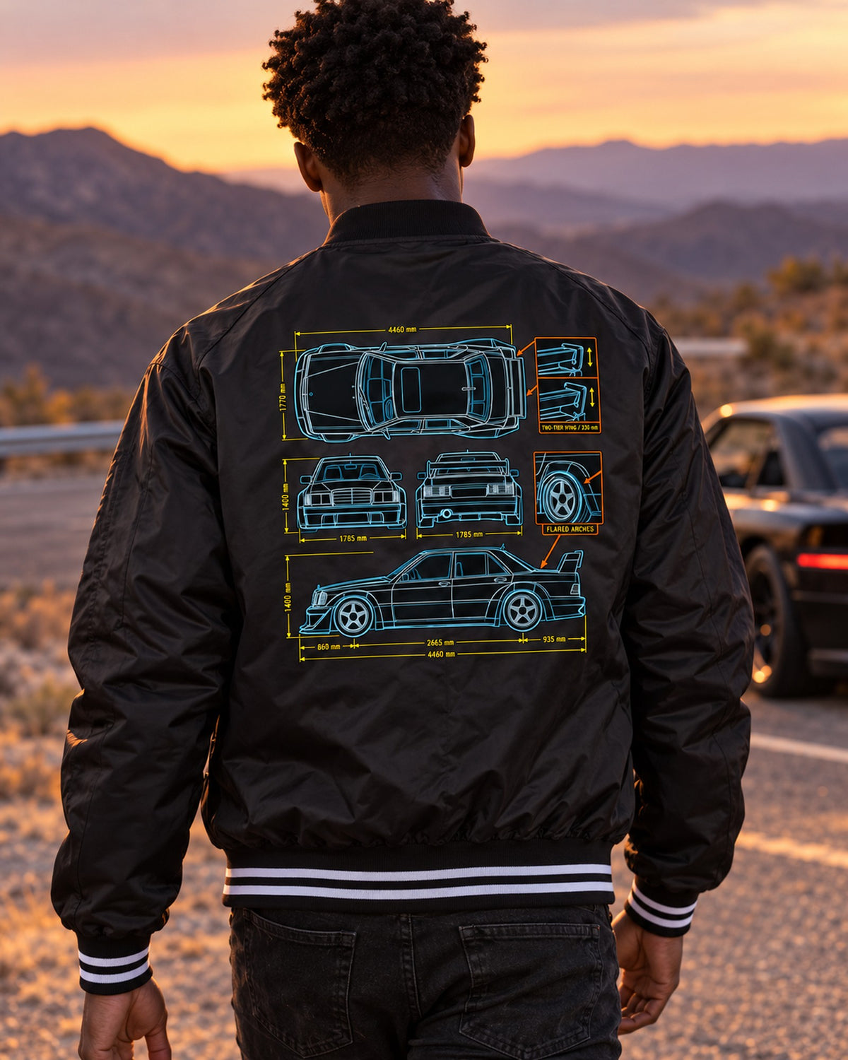 Mercedes 190E Evo II W201 Top-Down Blueprint Shirt, 235 HP Bomber Jacket Black worn hero