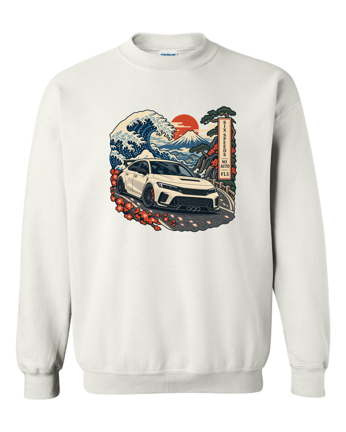 Ukiyo-e woodblock print of a 2023 Honda Civic Type R FL5 on a Fuji pass with six speeds no auto text white crewneck front view with the design