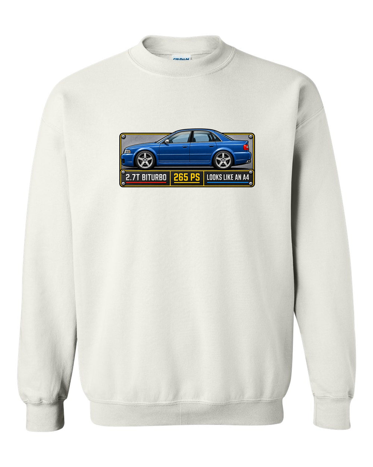 Spec plate print of an Audi S4 B5 sedan with 2.7T biturbo and 265 PS text white crewneck front view with the design
