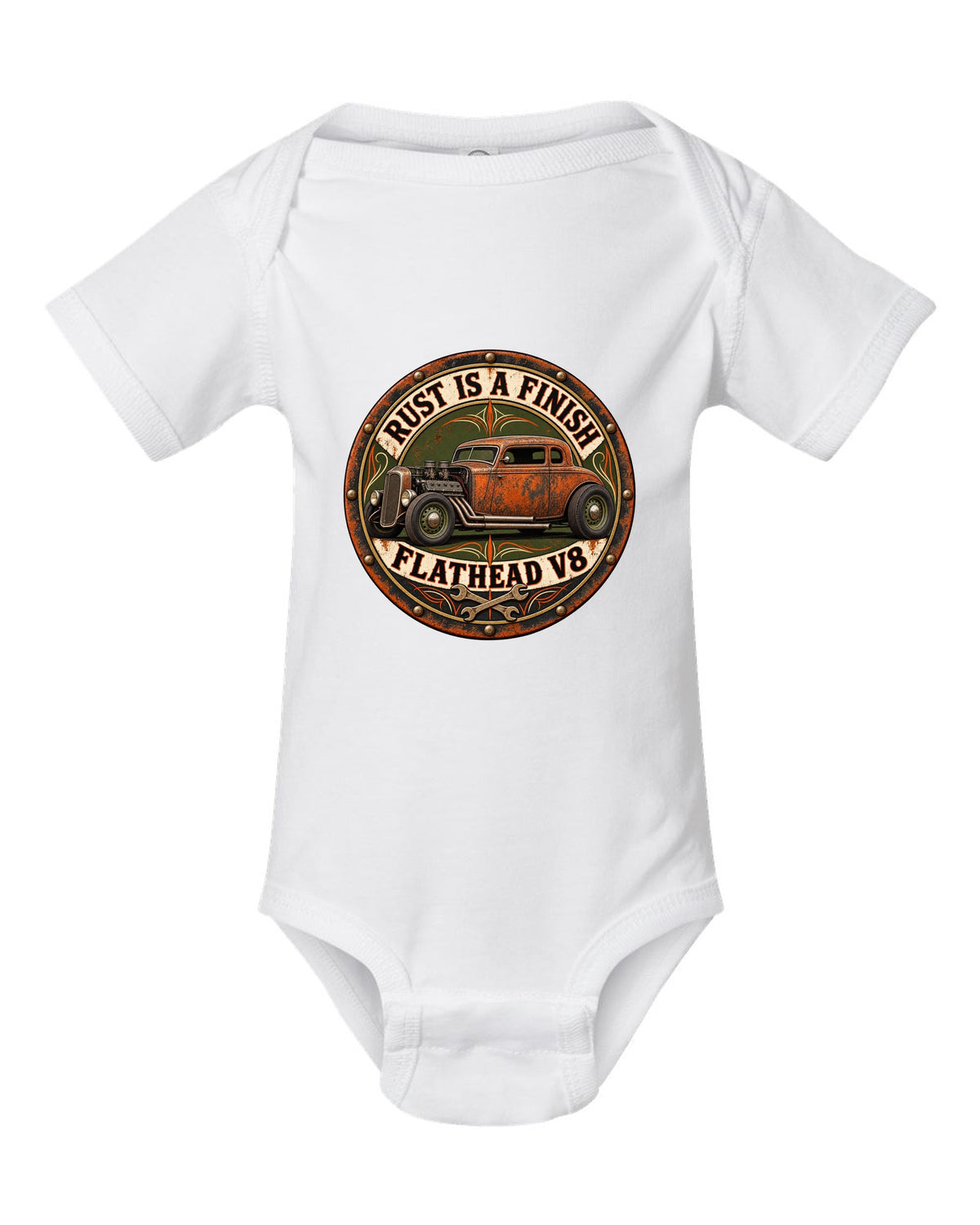 Round badge crest print for a rat rod hot rod with Rust Is A Finish and Flathead V8 lettering white baby onesie front view with the design