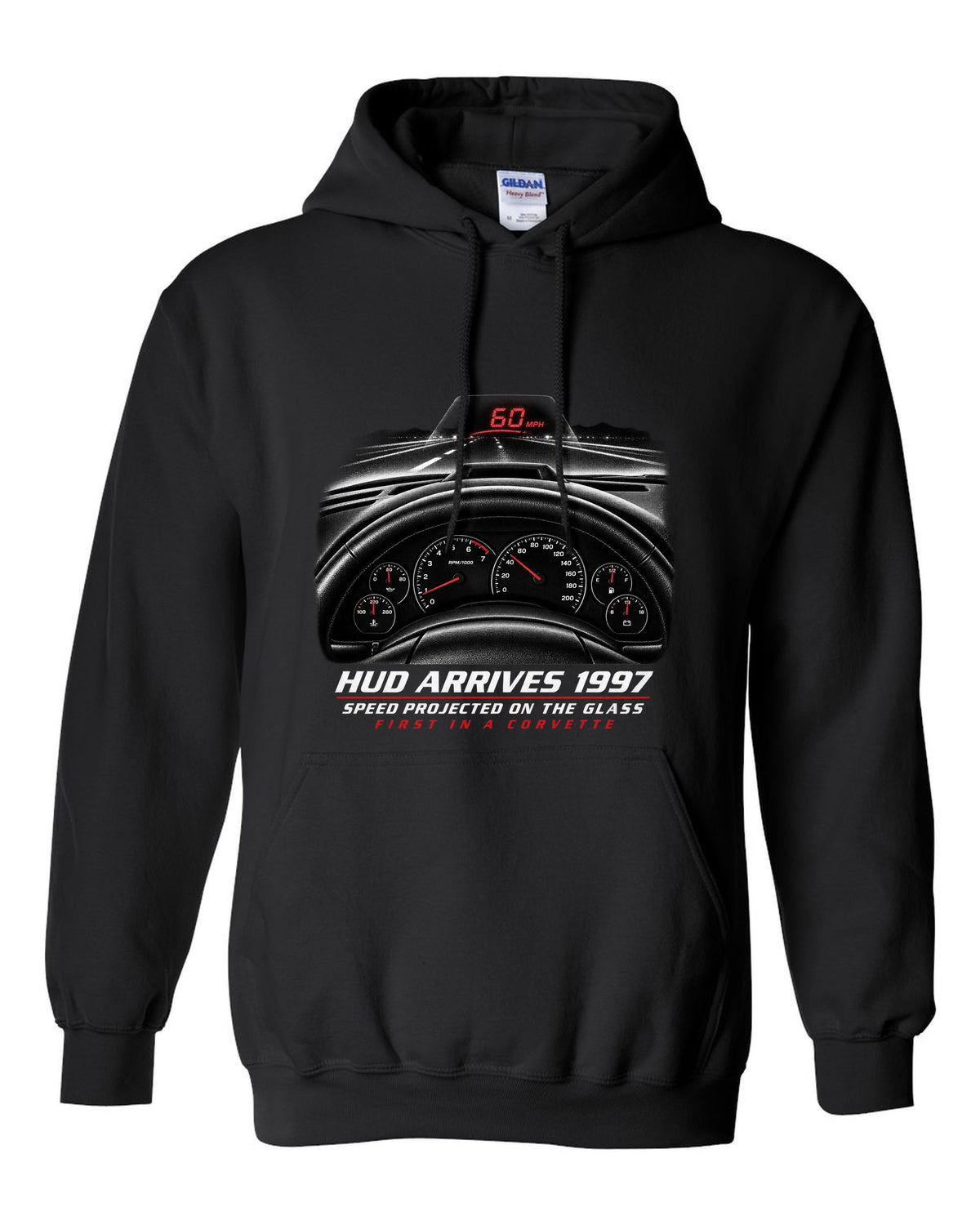 Corvette C5 heads-up display and gauge cluster print black pull over hoodie front view with the design