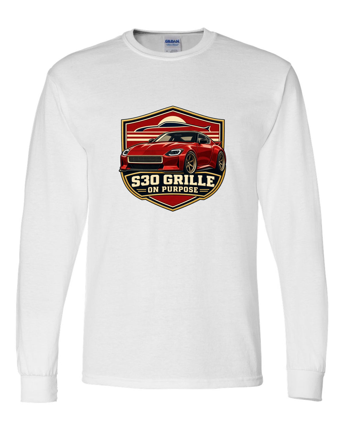 Shield crest print for the Nissan Z RZ34 referencing the S30 grille white long sleeve front view with the design