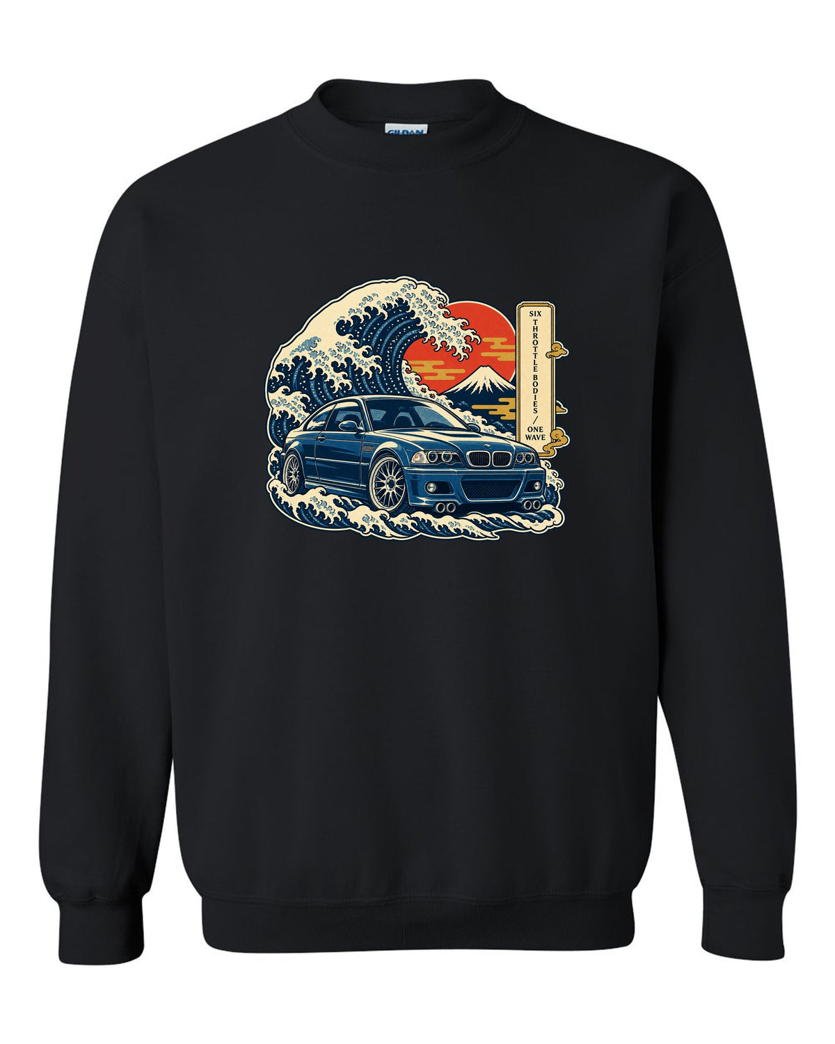 Ukiyo-e woodblock style print of a BMW E46 M3 coupe with six throttle bodies one wave text black crewneck front view with the design