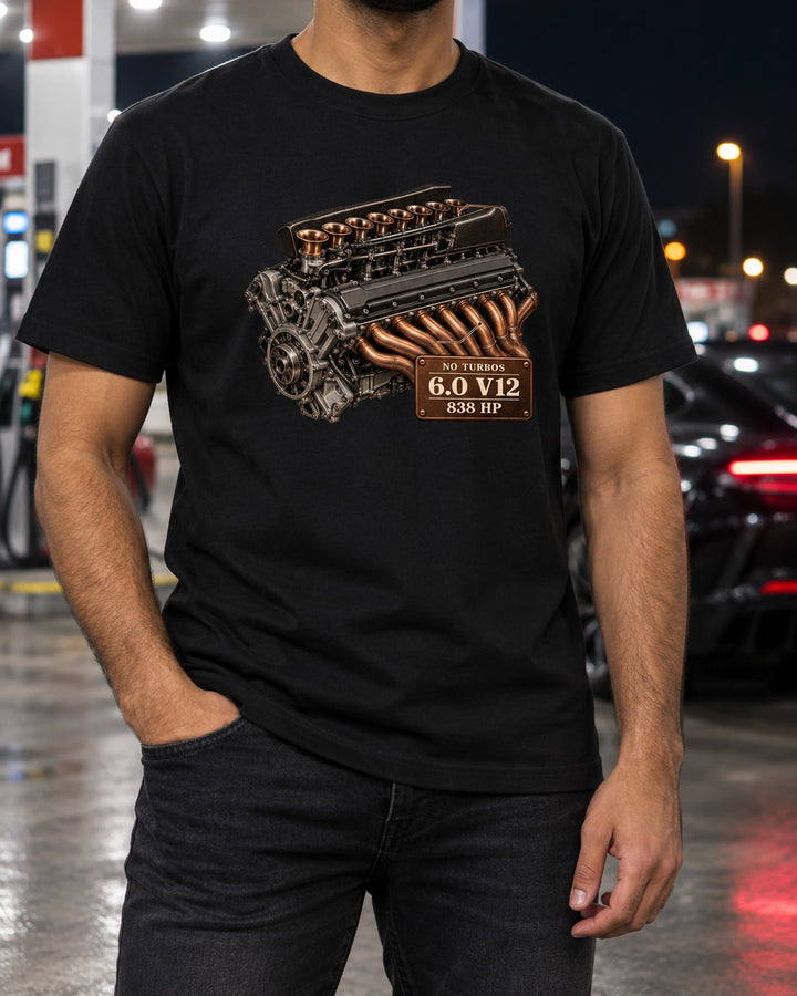 Pagani Huayra R Engine Hero Shirt, Naturally Aspirated V12 T-Shirt Black worn hero