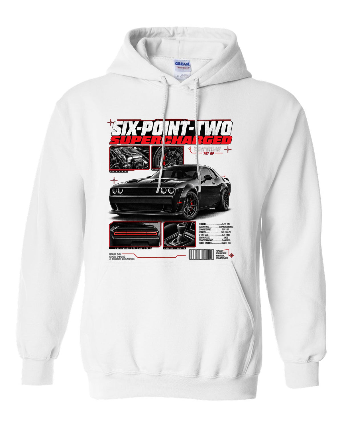 Dossier panel print of a 2018 Dodge Challenger LC/LA with 6.2 supercharged and 707 HP text white pull over hoodie front view with the design