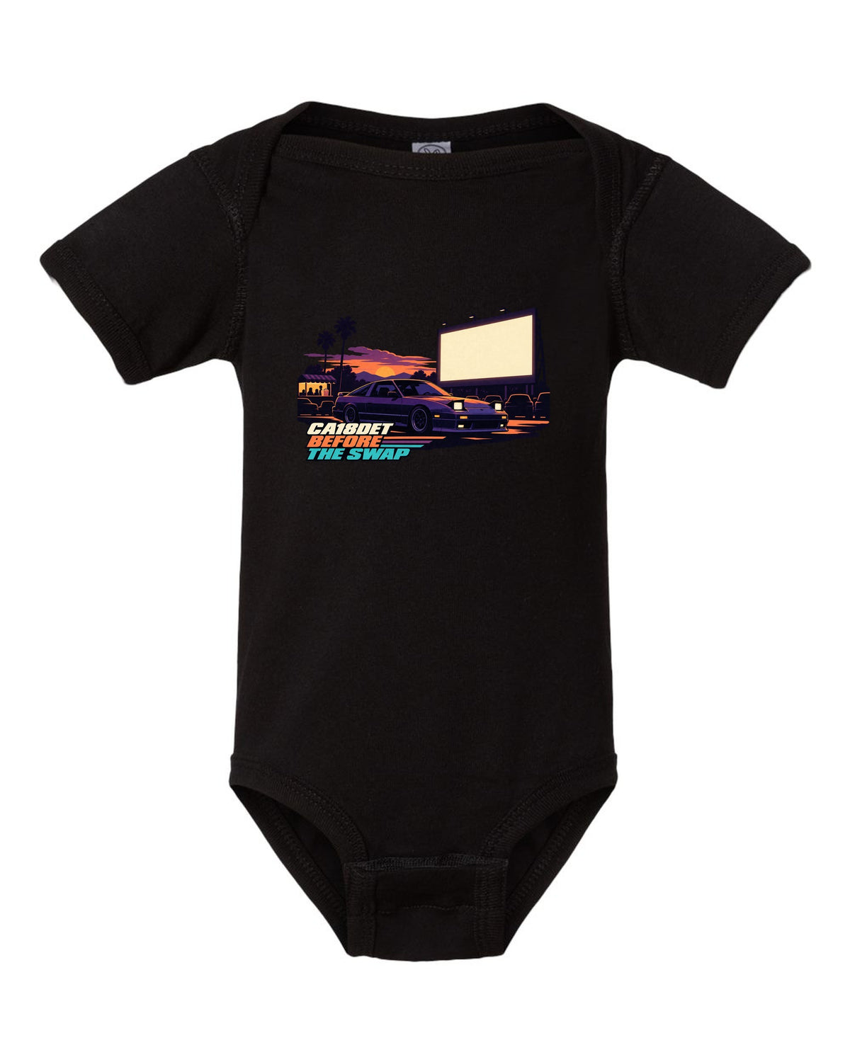 Flat vector drive-in print of a Nissan 180SX S13 with CA18DET before the swap lettering black baby onesie front view with the design
