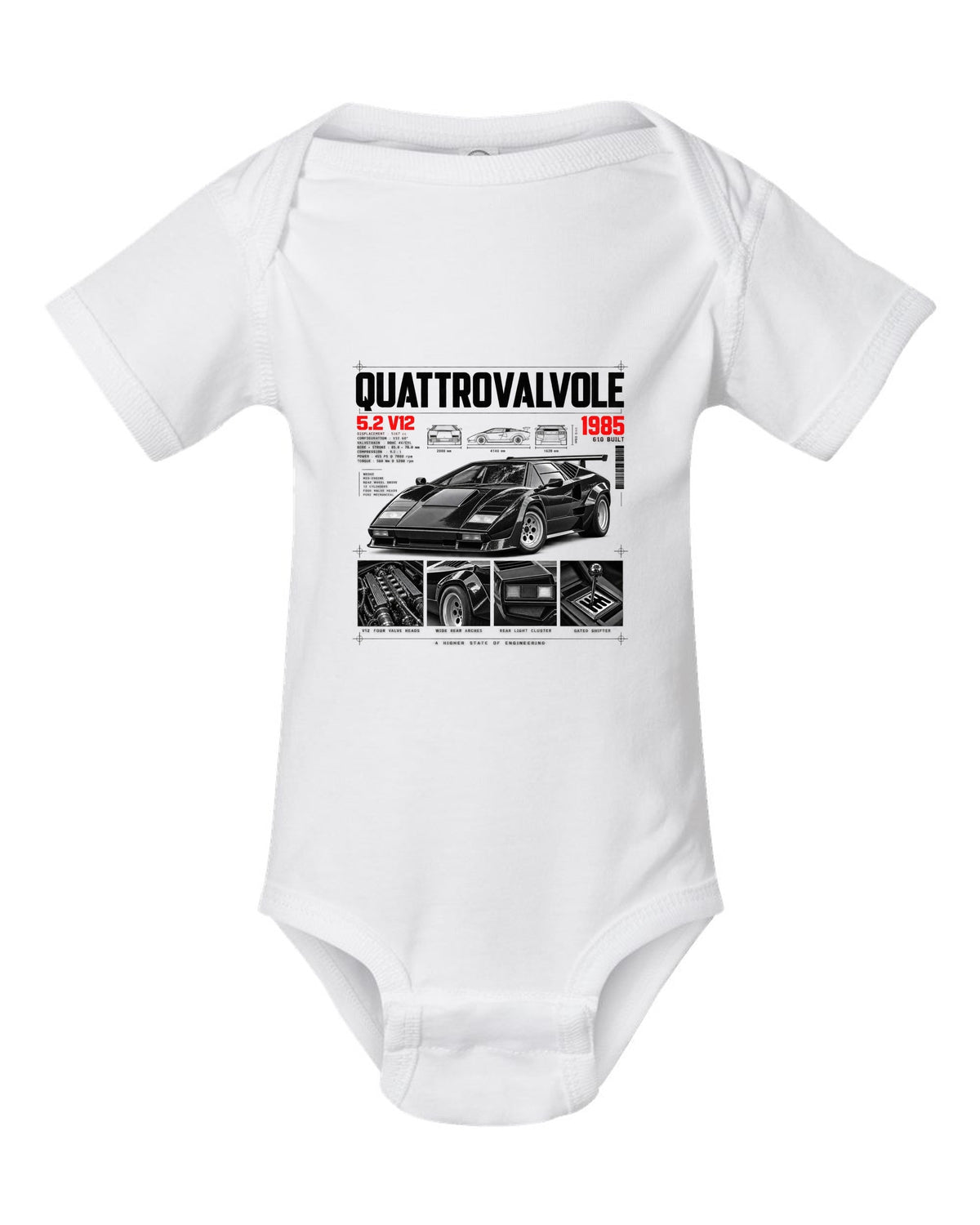 Dossier panel print of a Lamborghini Countach LP5000 QV with 5.2 V12 and 610 built text white baby onesie front view with the design