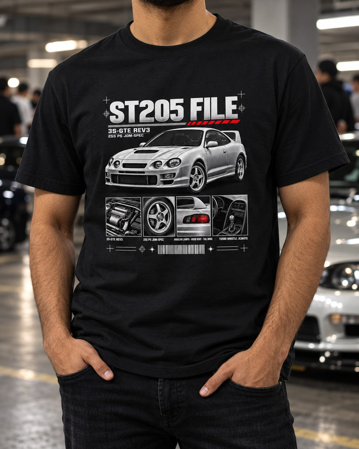 Toyota Celica GT-Four ST205 Bug-Eye Dossier Shirt, 3S-GTE T-Shirt Black worn hero