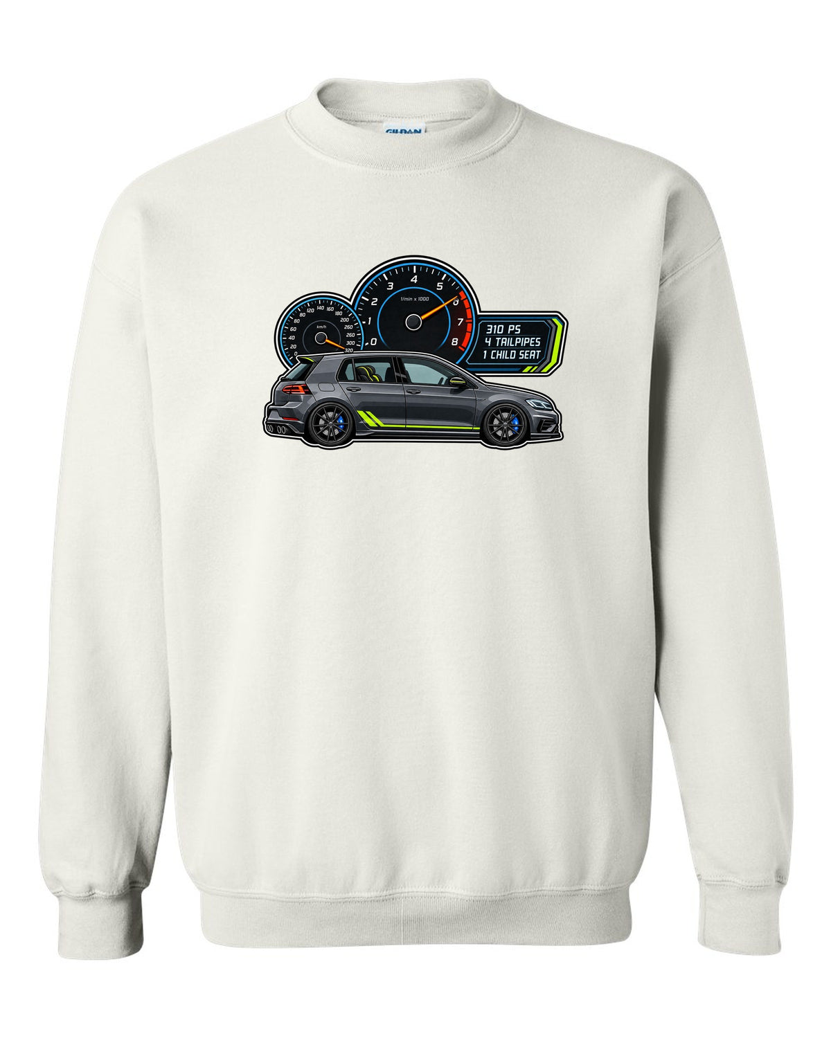 Gauge cluster style print for a VW Golf R Mk7.5 showing 310 PS 4 tailpipes 1 child seat white crewneck front view with the design
