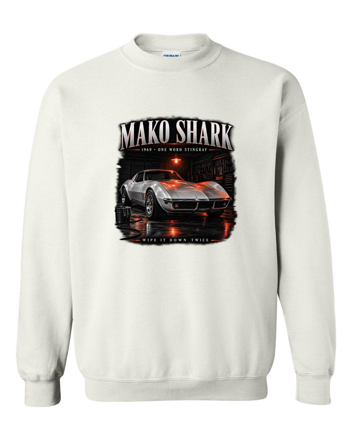 Chevrolet Corvette C3 Stingray 1969 coupe garage night print Mako Shark white crewneck front view with the design