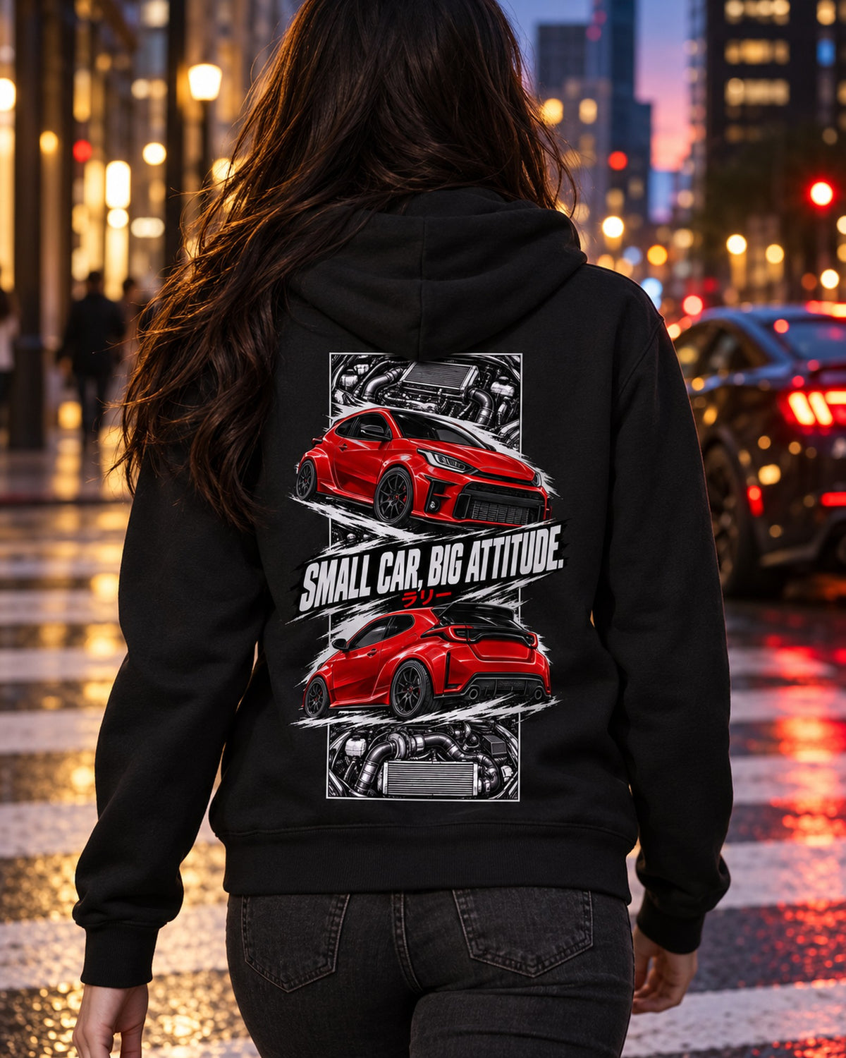 Toyota GR Yaris Torn Poster Full-Back Graphic Tee Zip Hoodie Black worn hero