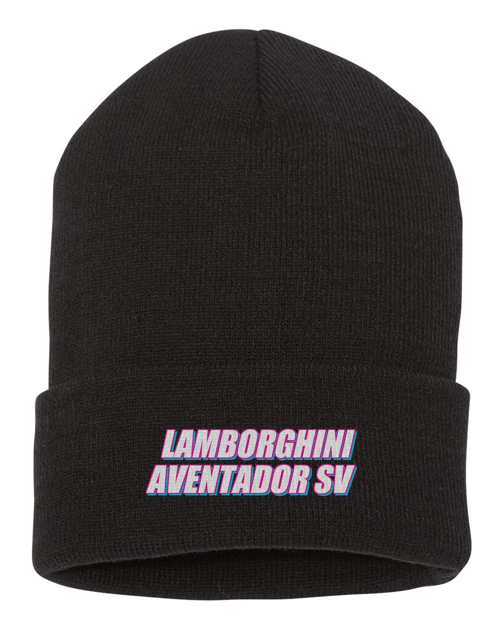 Lamborghini Aventador Sv black beanie front view with car name