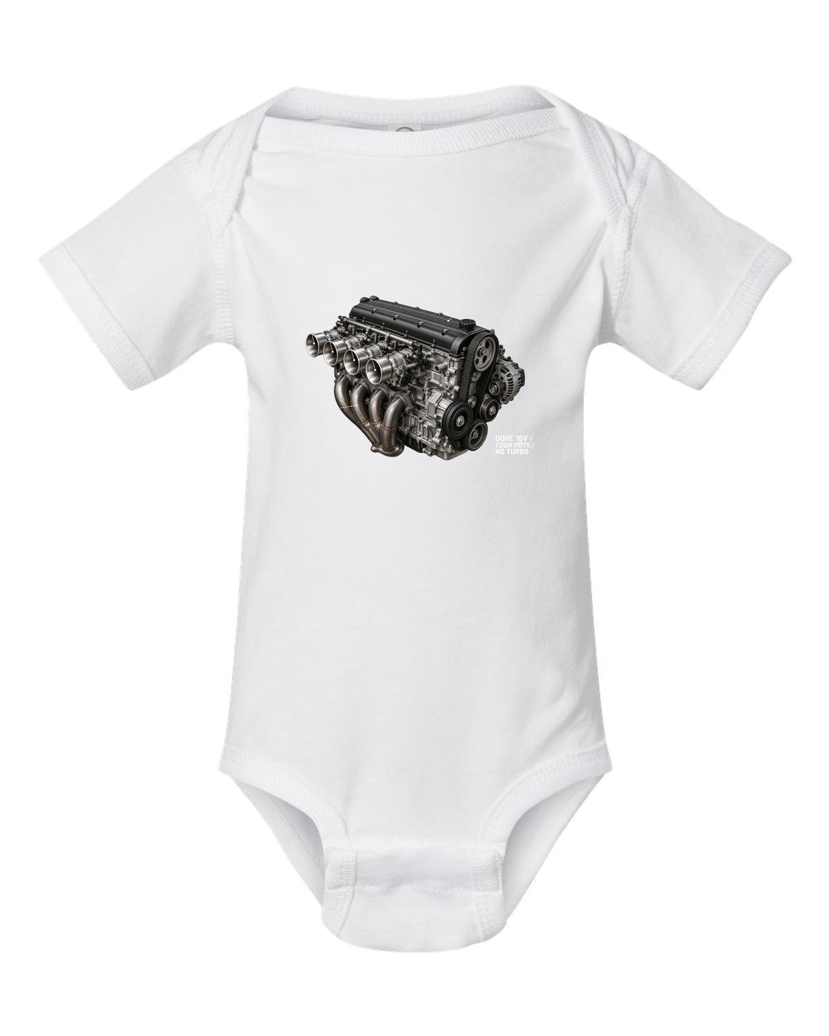 BMW E30 M3 S14 engine hero print labelled DOHC 16V four pots no turbo white baby onesie front view with the design