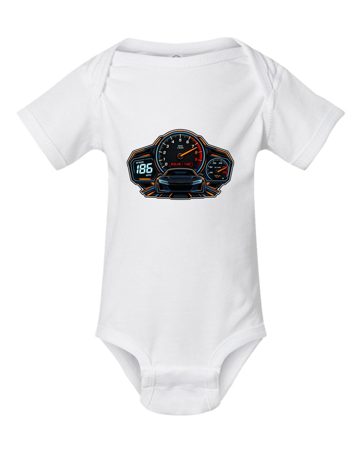Gauge cluster HUD illustration for a Toyota GR86 ZN8 with Redline 7,400 lettering white baby onesie front view with the design