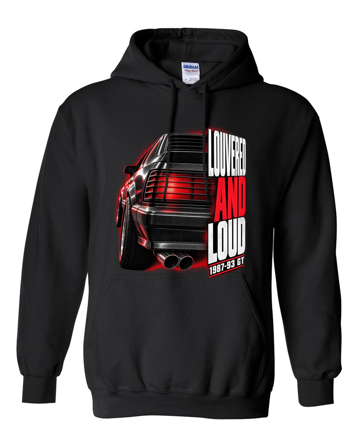 Macro print of a Ford Mustang Fox Body GT louvered taillight, 1987-93 black pull over hoodie front view with the design