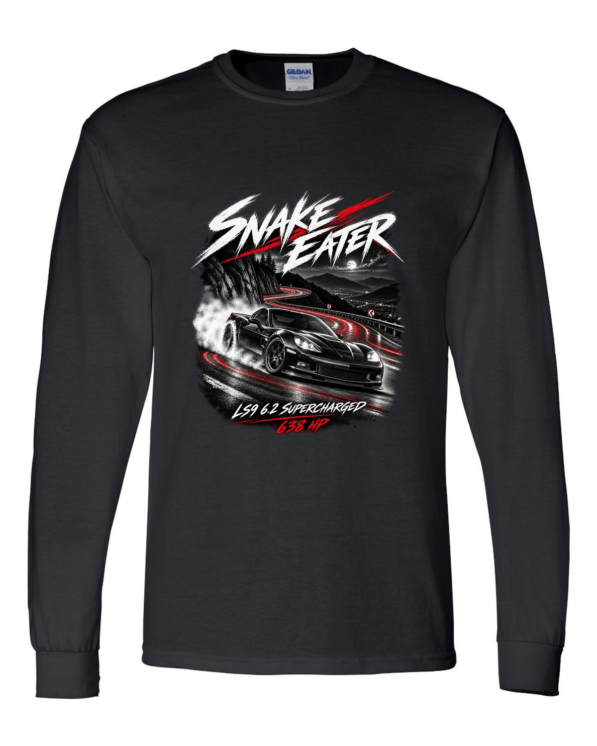 Corvette C6 ZR1 supercharged on a night mountain road black long sleeve front view with the design