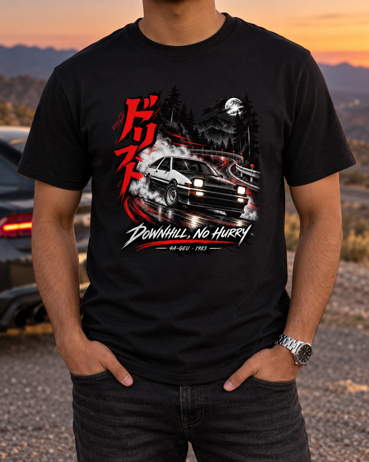 Toyota Sprinter Trueno AE86 Zenki Downhill Night Shirt, 4A-GEU T-Shirt Black worn hero