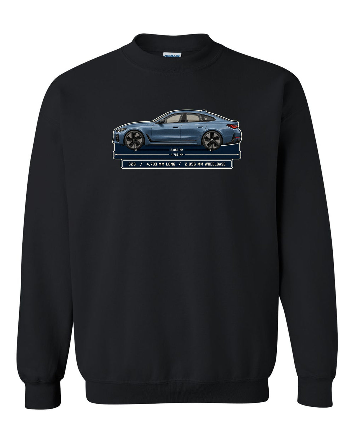 Dimension blueprint print of the BMW i4 M50 G26 Gran Coupe black crewneck front view with the design