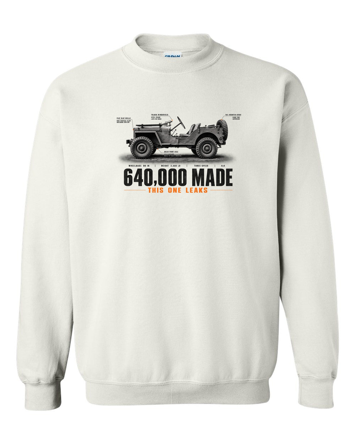 Spec poster print for the Willys MB and Ford GPW, 640,000 made white crewneck front view with the design