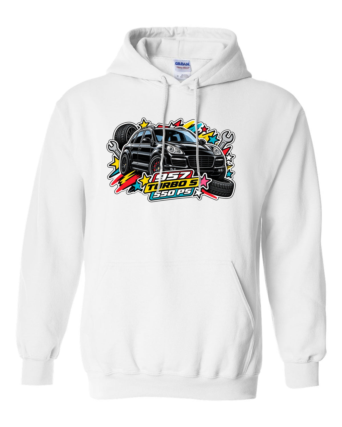 Porsche 991 R patent line art coupe design with 6-speed and 991 built text white pull over hoodie front view with the design