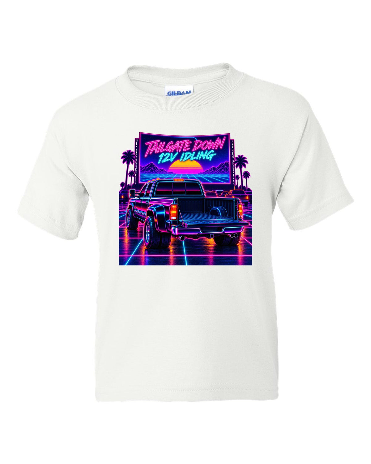 Neon synthwave drive-in print of a 1994-1998 Dodge Ram 2500 12V Cummins with tailgate down white kids tee front view with the design